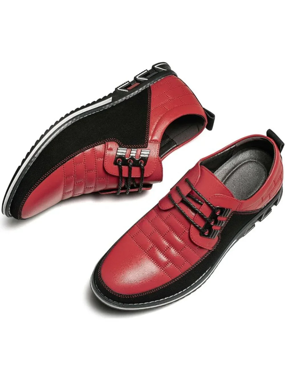 Men's Red Plaid Embossed Grid Leather Comfortable Hybrid Oxford Dress Sneakers